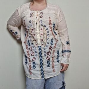 Johnny Was 3J Workshop Cream Floral Embroidered Blouse Size Medium